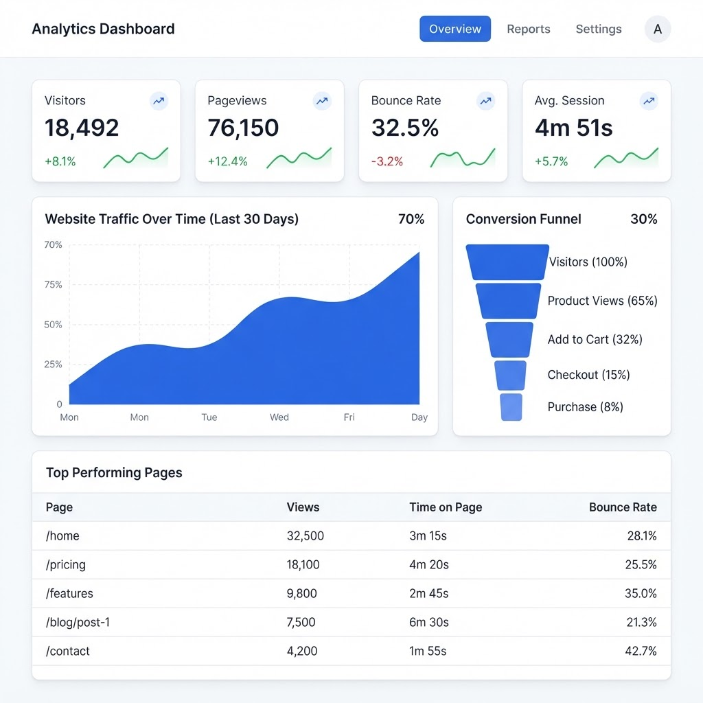 Analytics dashboard showing traffic and conversions
